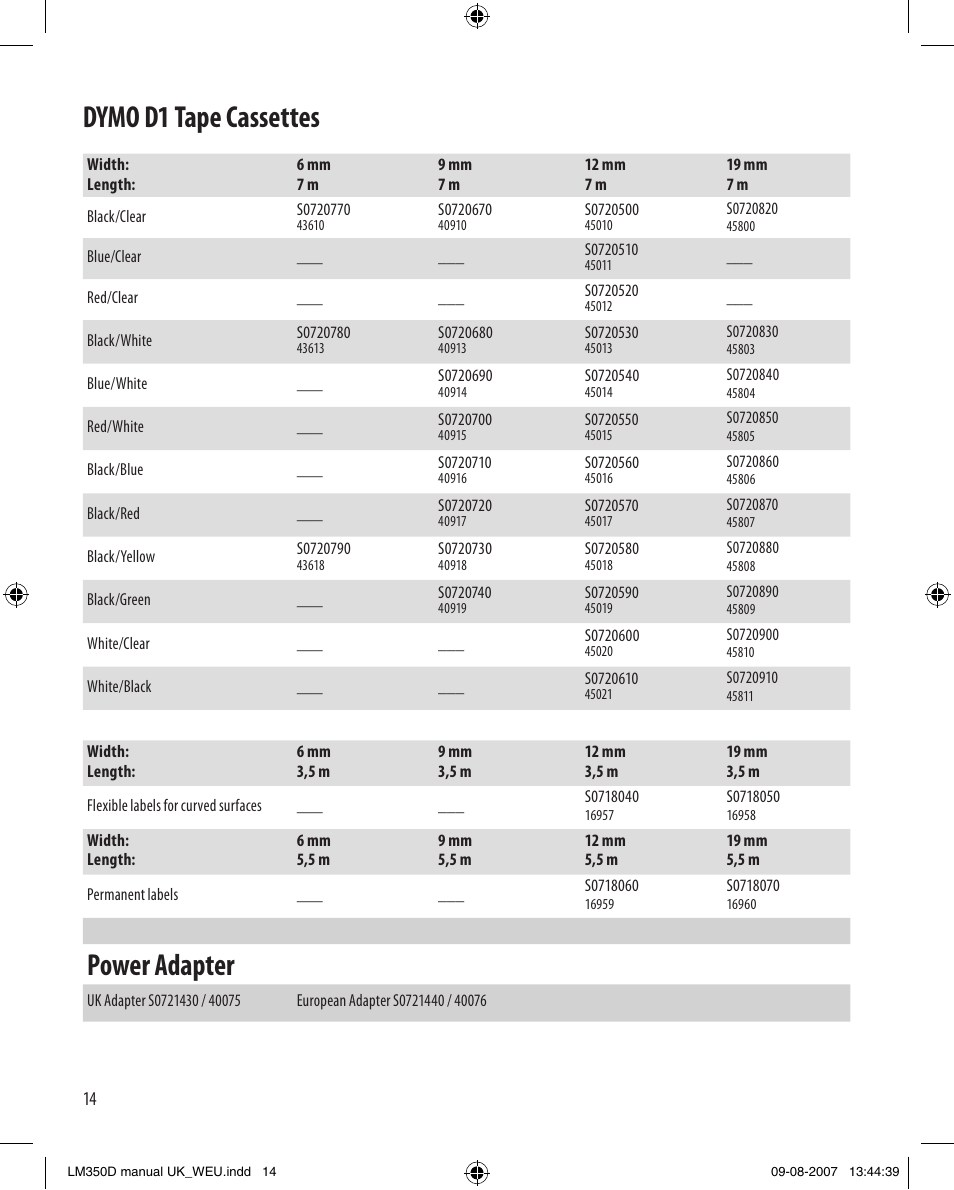 Dymo d1 tape cassettes, Power adapter | Dymo LabelManager 350D User Manual | Page 14 / 20