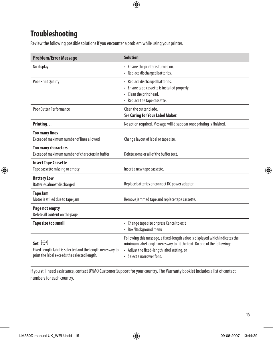 Troubleshooting | Dymo LabelManager 350D User Manual | Page 15 / 20