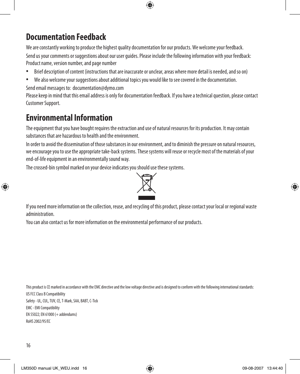 Documentation feedback, Environmental information | Dymo LabelManager 350D User Manual | Page 16 / 20