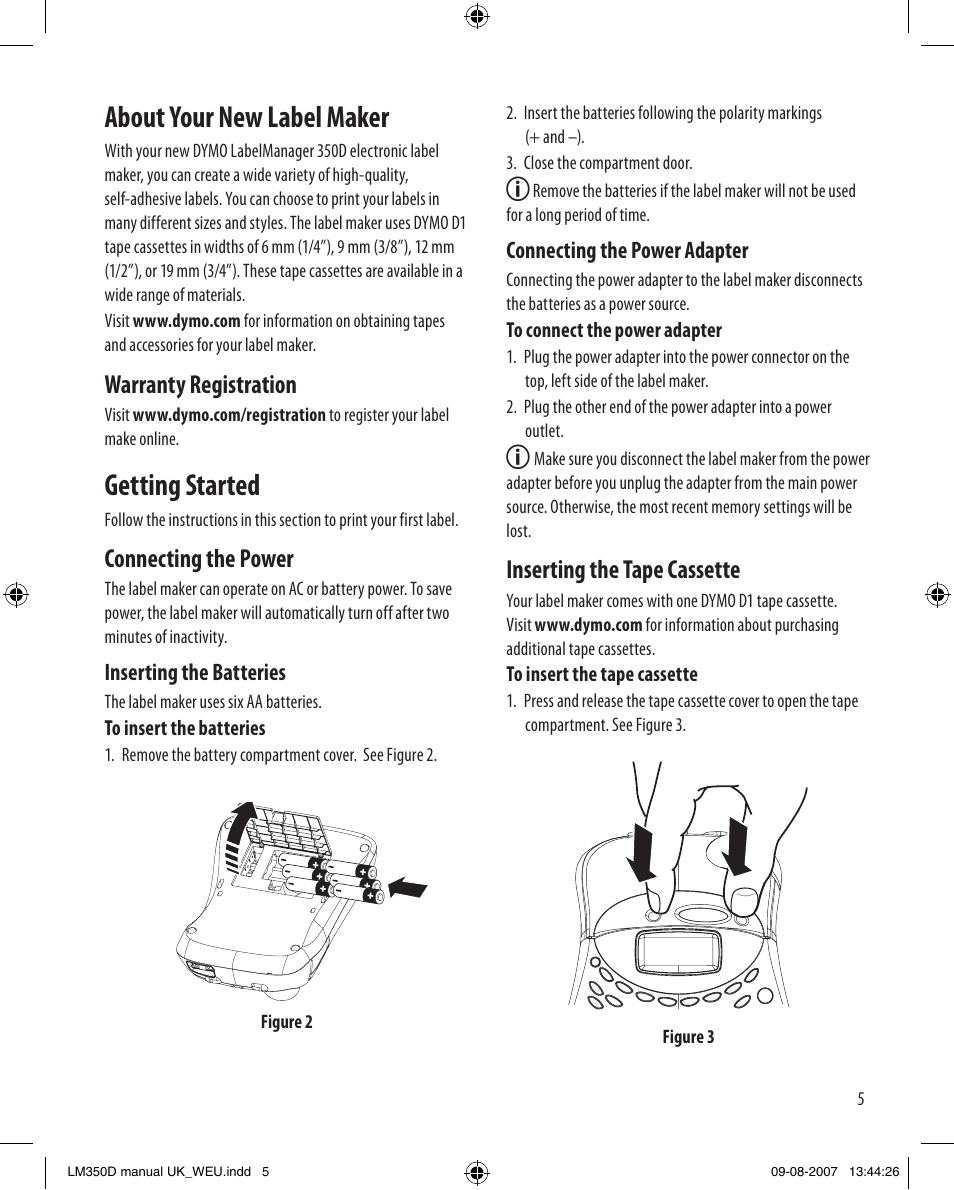 About your new label maker, Getting started, Warranty registration | Connecting the power, Inserting the tape cassette | Dymo LabelManager 350D User Manual | Page 5 / 20