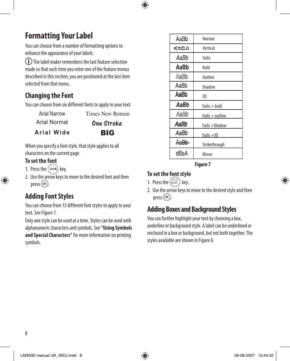 Formatting your label, Changing the font, Adding font styles | Adding boxes and background styles | Dymo LabelManager 350D User Manual | Page 8 / 20