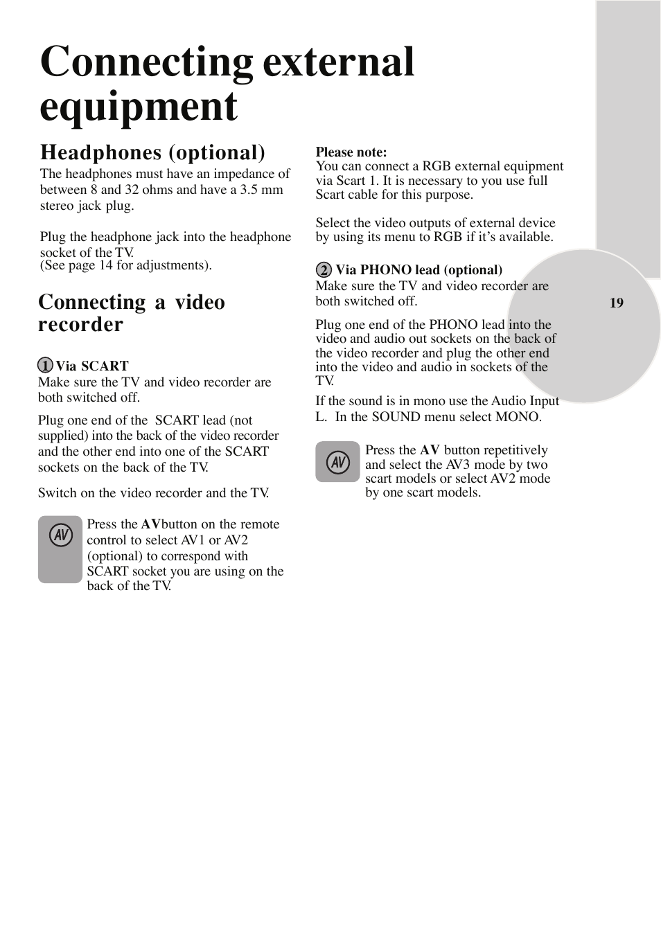 Connecting external equipment, Headphones (optional), Connecting a video recorder | Beko C7 User Manual | Page 20 / 30