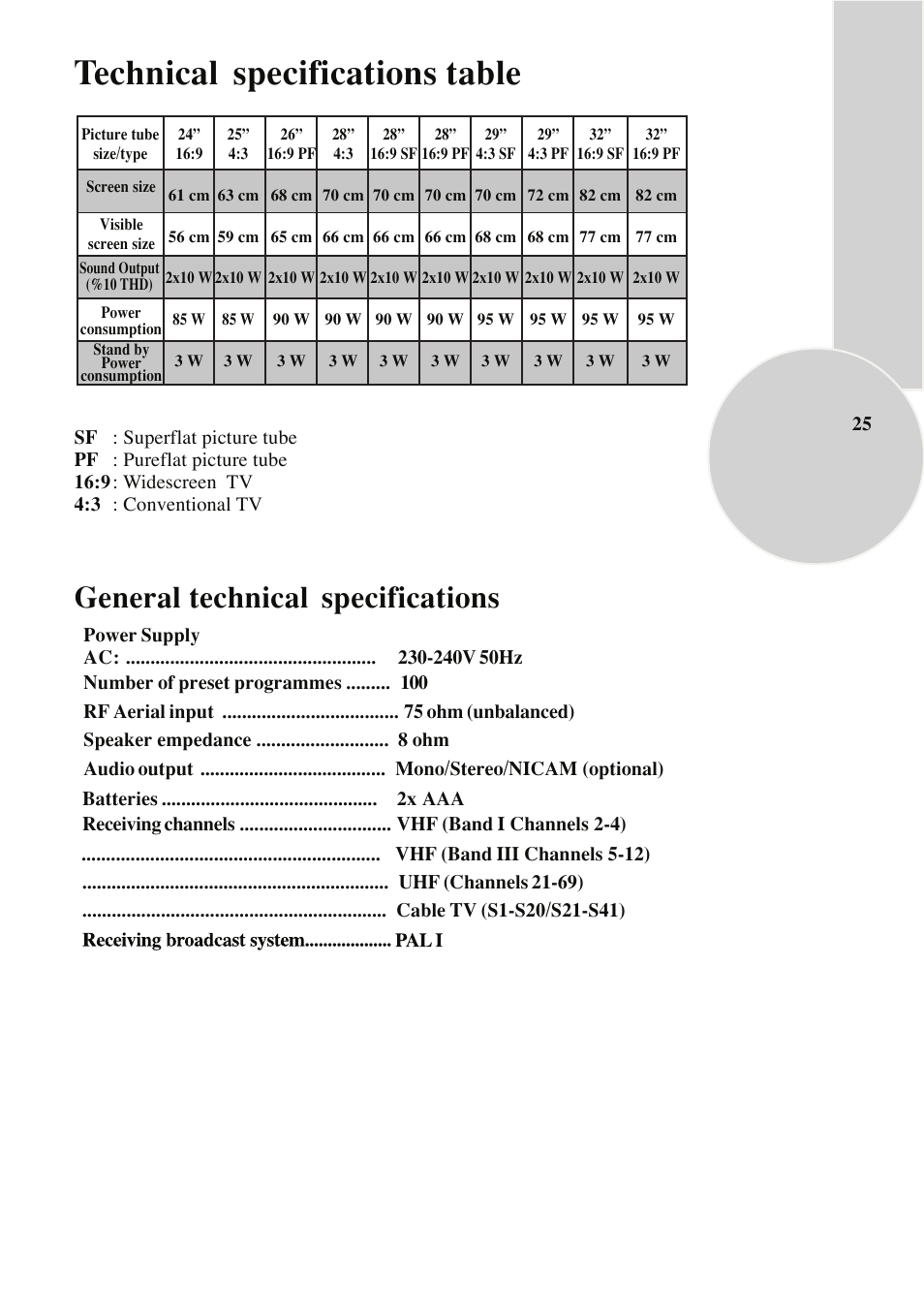 Technical specifications table, General technical specifications | Beko C7 User Manual | Page 26 / 30