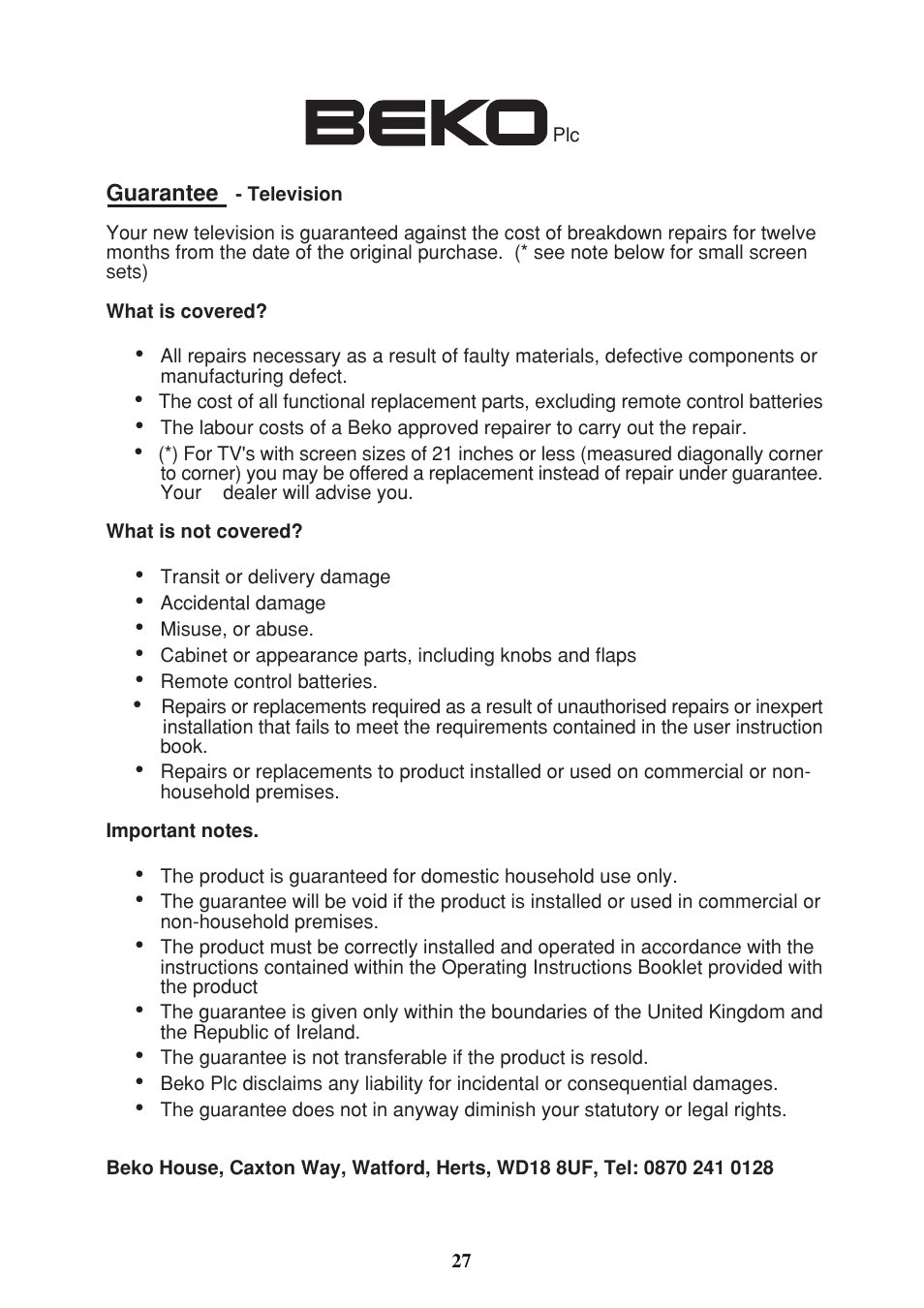 Beko C7 User Manual | Page 28 / 30