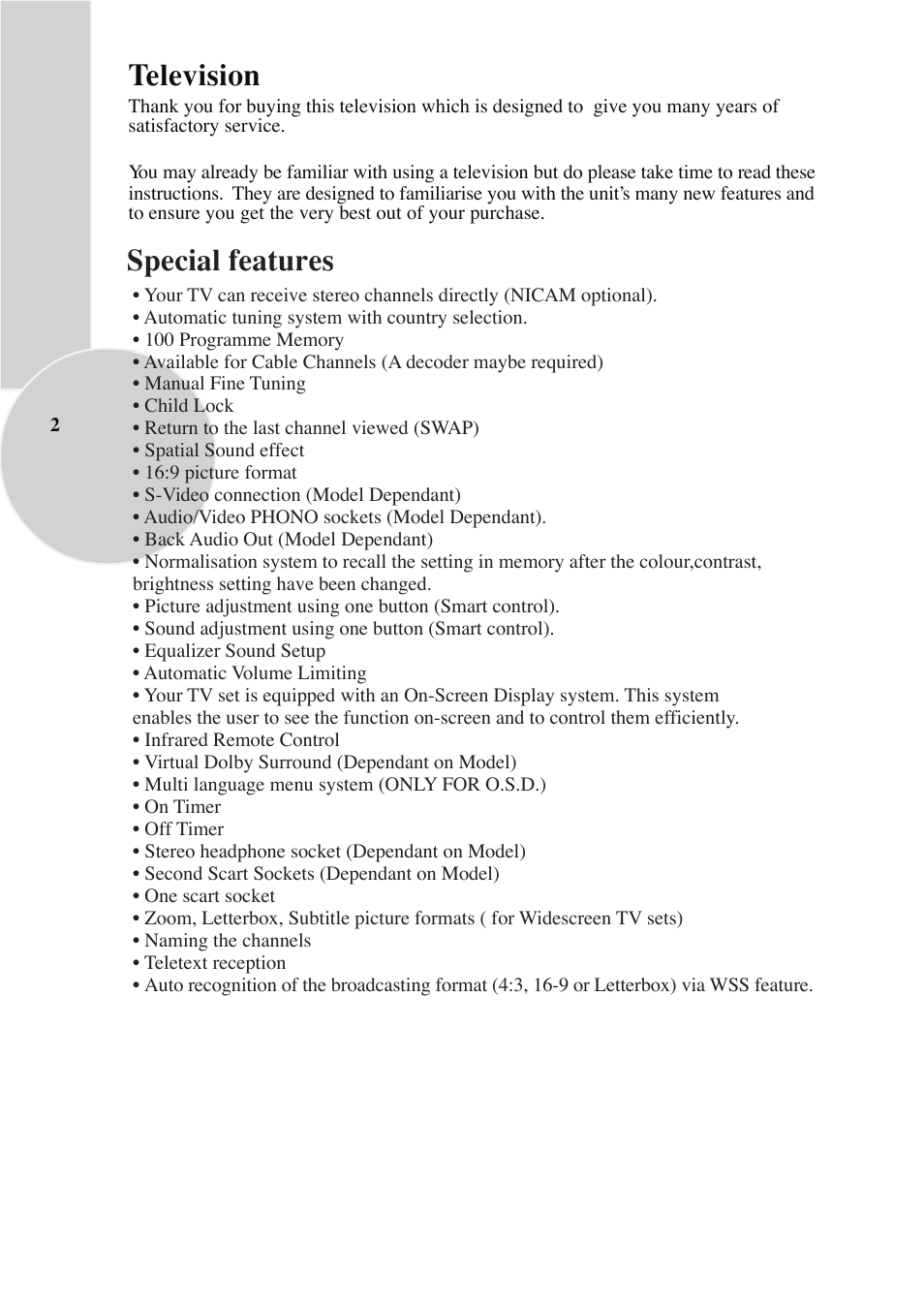 Television, Special features | Beko C7 User Manual | Page 3 / 30