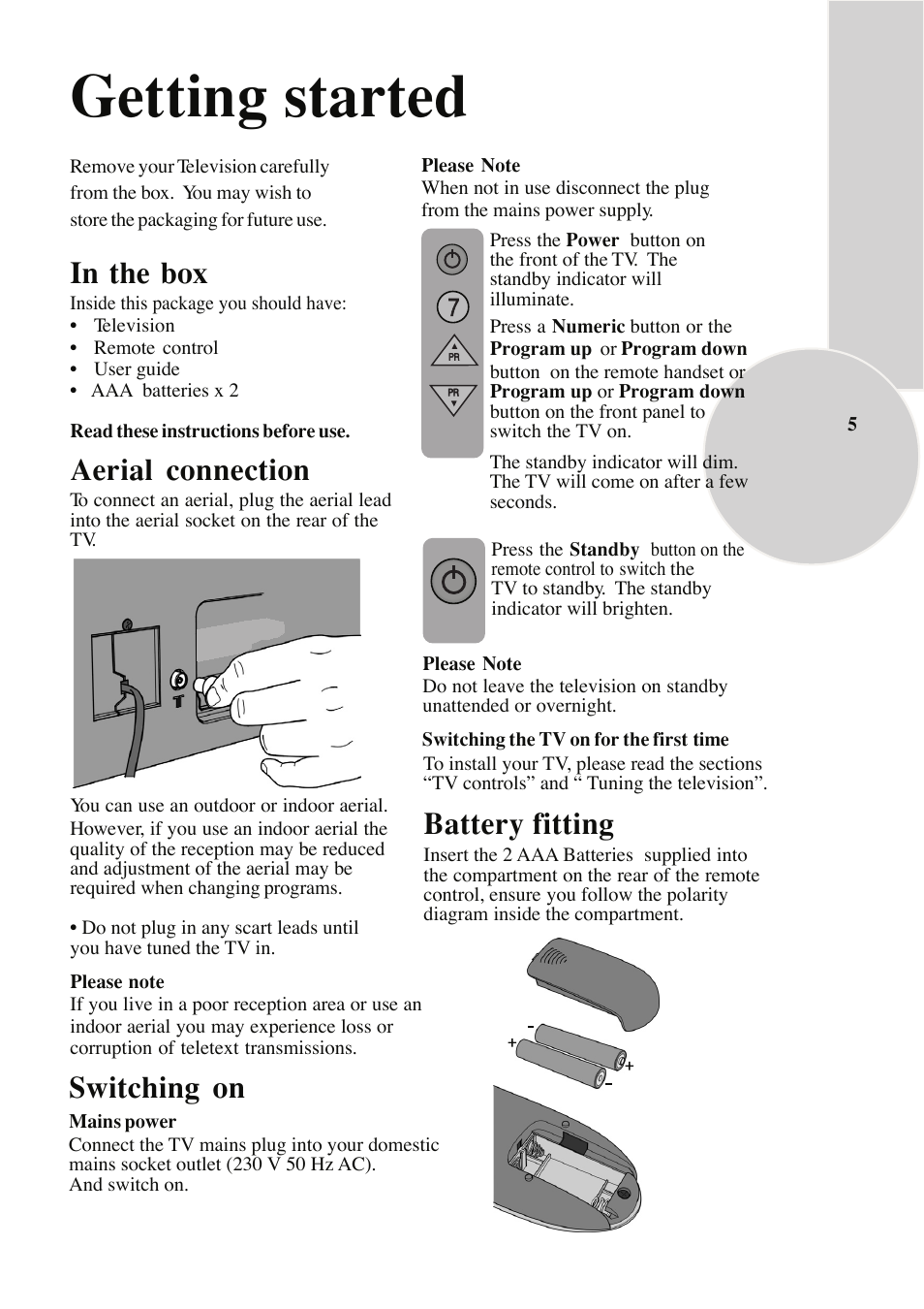 Getting started, Switching on, Battery fitting | Aerial connection | Beko C7 User Manual | Page 6 / 30