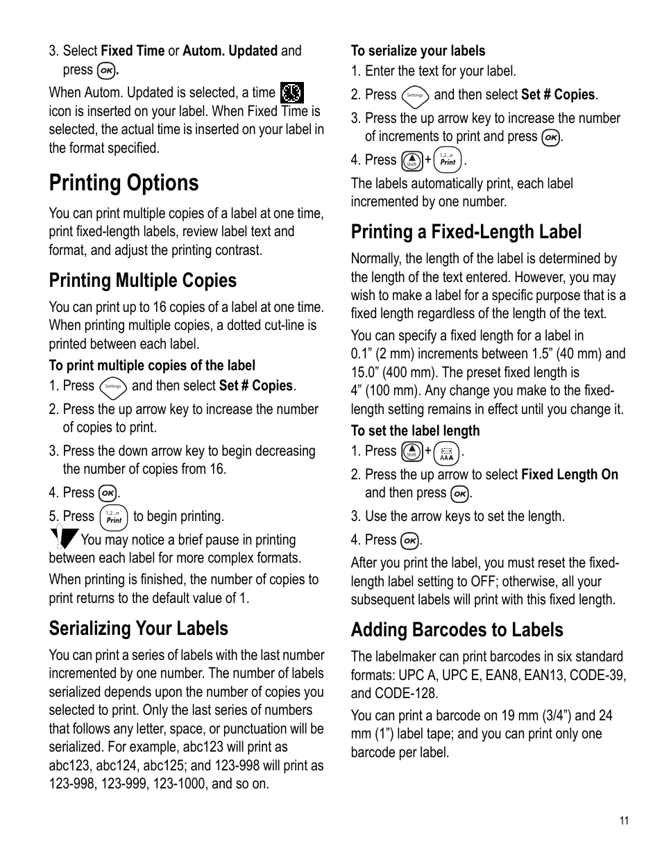 Printing options, Printing multiple copies, Serializing your labels | Printing a fixed-length label, Adding barcodes to labels | Dymo LabelManager 450 User Manual User Manual | Page 10 / 16