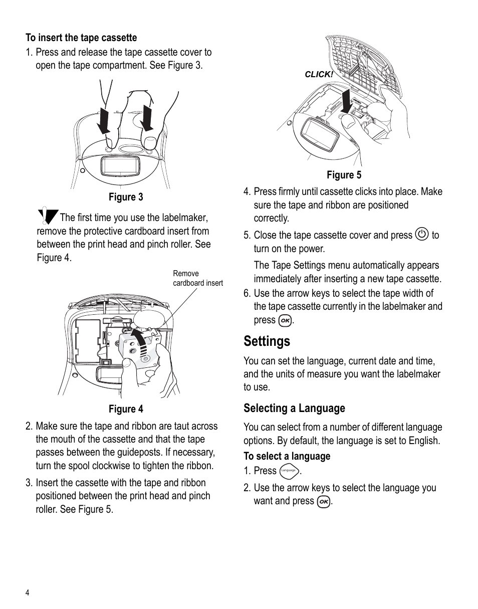 Settings, Selecting a language | Dymo LabelManager 450 User Manual User Manual | Page 3 / 16