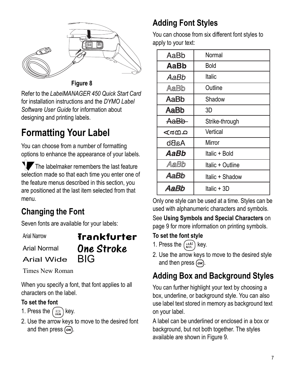 Formatting your label, Changing the font, Adding font styles | Adding box and background styles | Dymo LabelManager 450 User Manual User Manual | Page 6 / 16