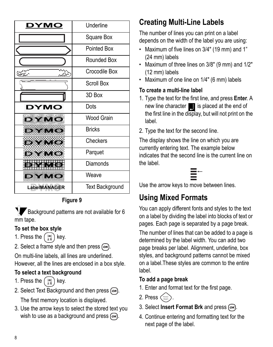 Creating multi-line labels, Using mixed formats, Dymo | Dymo LabelManager 450 User Manual User Manual | Page 7 / 16