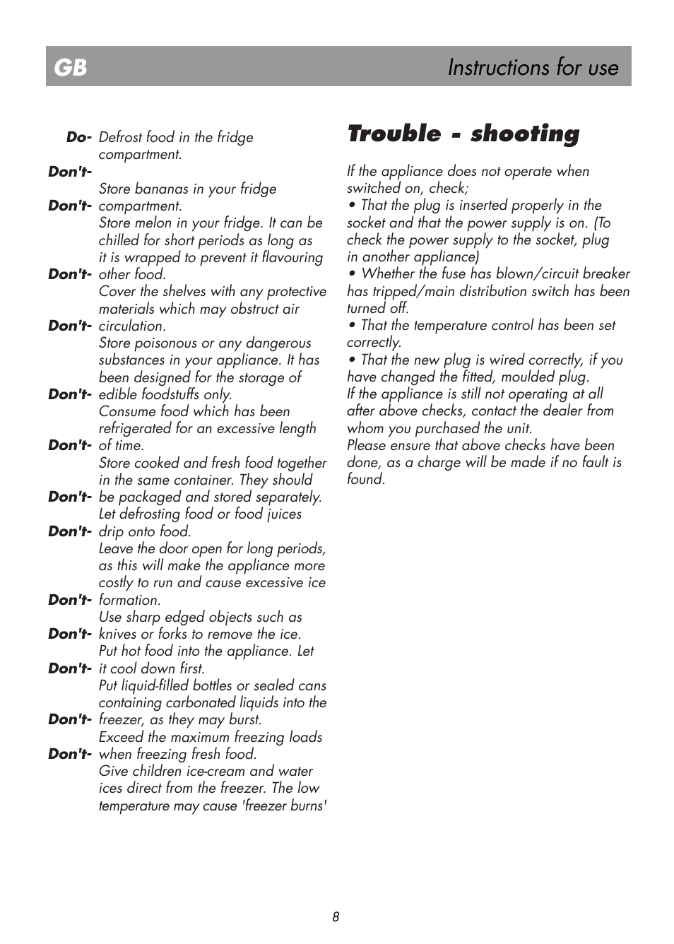 Instructions for use, Trouble - shooting | Beko BK 7641 T User Manual | Page 12 / 12