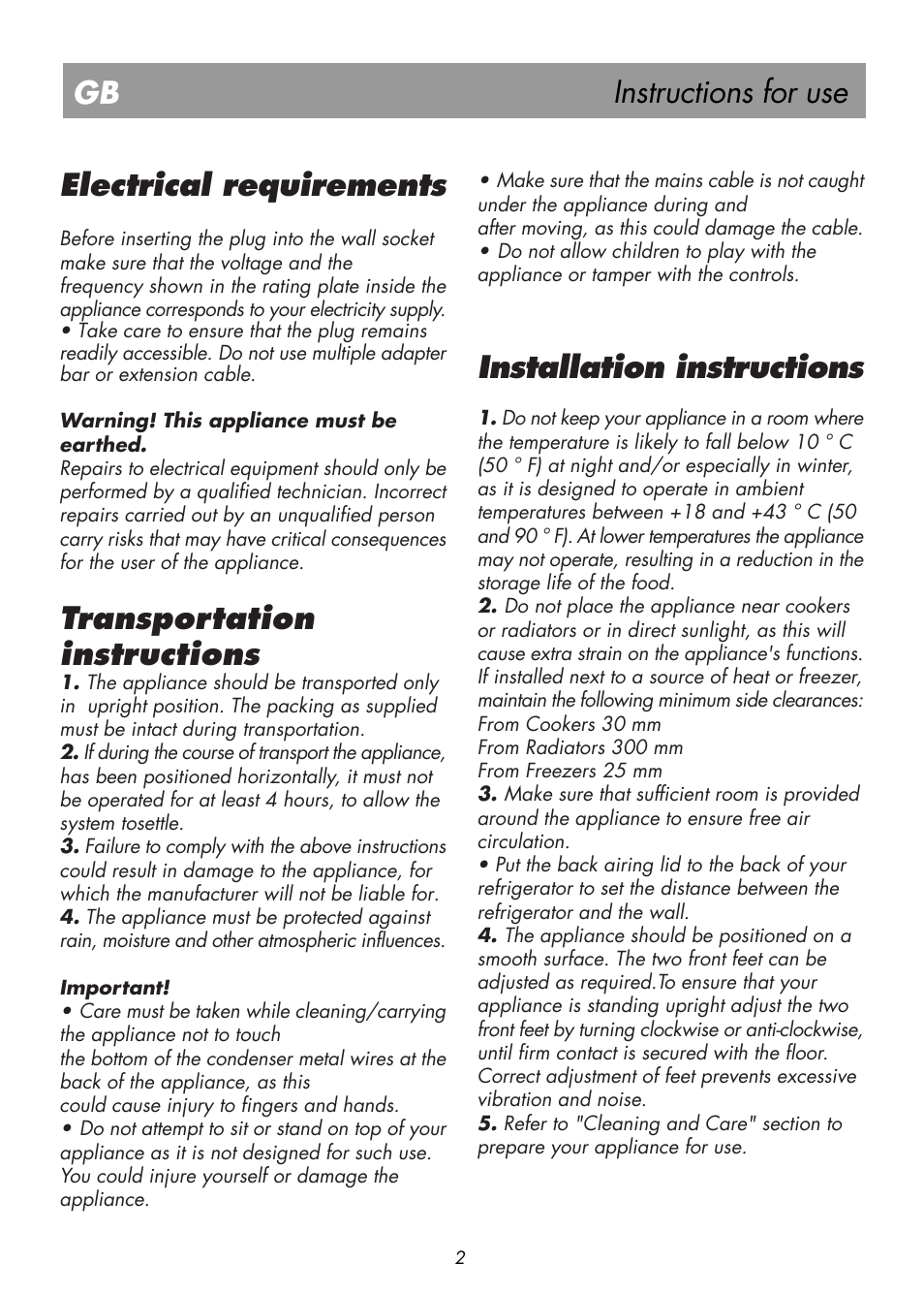 Instructions for use, Electrical requirements, Transportation instructions | Installation instructions | Beko BK 7641 T User Manual | Page 6 / 12