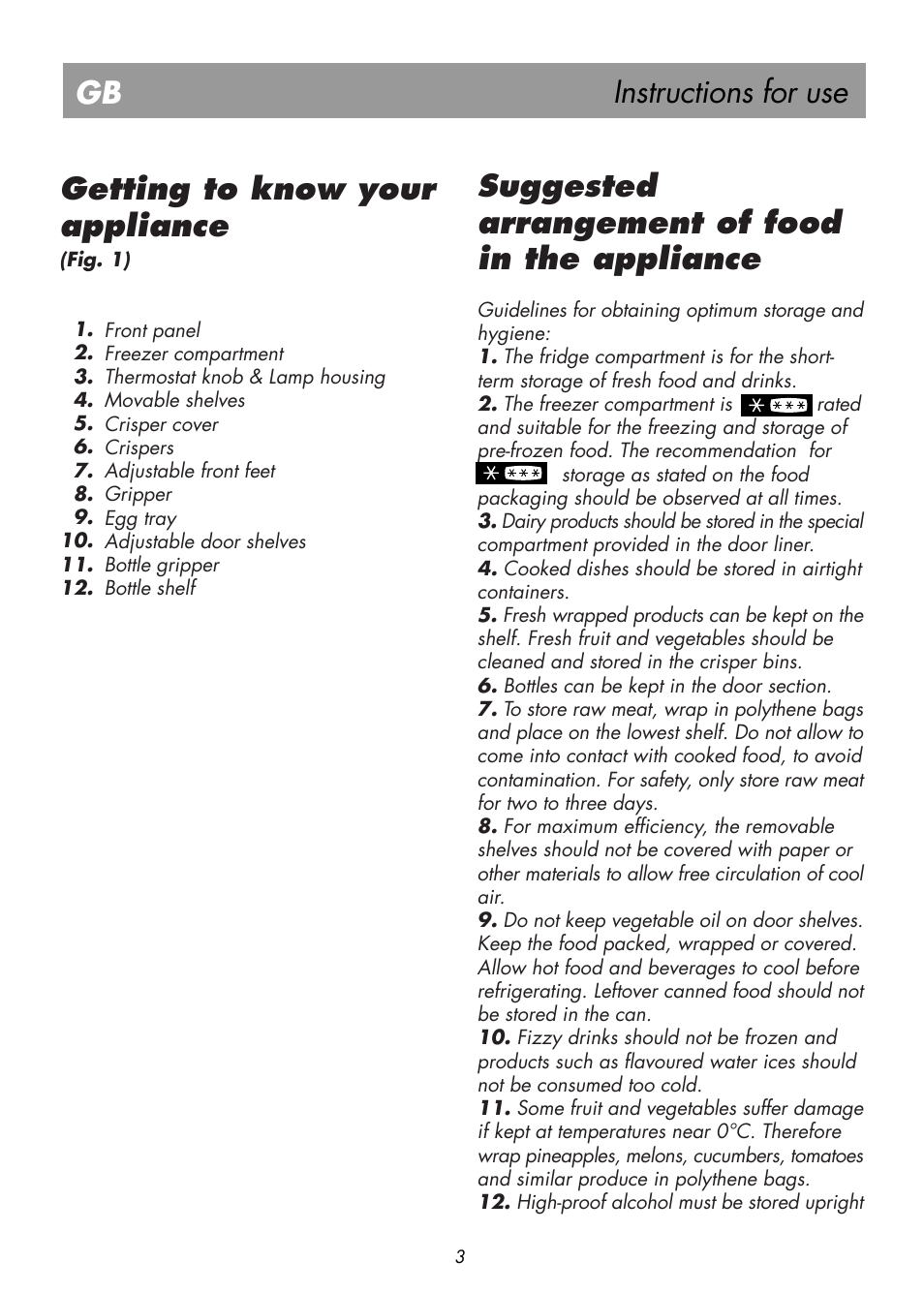 Instructions for use, Getting to know your appliance, Suggested arrangement of food in the appliance | Beko BK 7641 T User Manual | Page 7 / 12