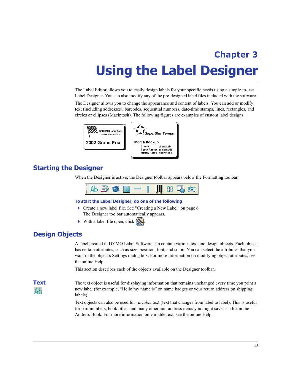 Using the label designer, Starting the designer, Design objects | Chapter 3, Using the label, Designer | Dymo LabelWriter 400/400 Duo/400 Turbo/400 Twin Turbo User Manual | Page 17 / 64