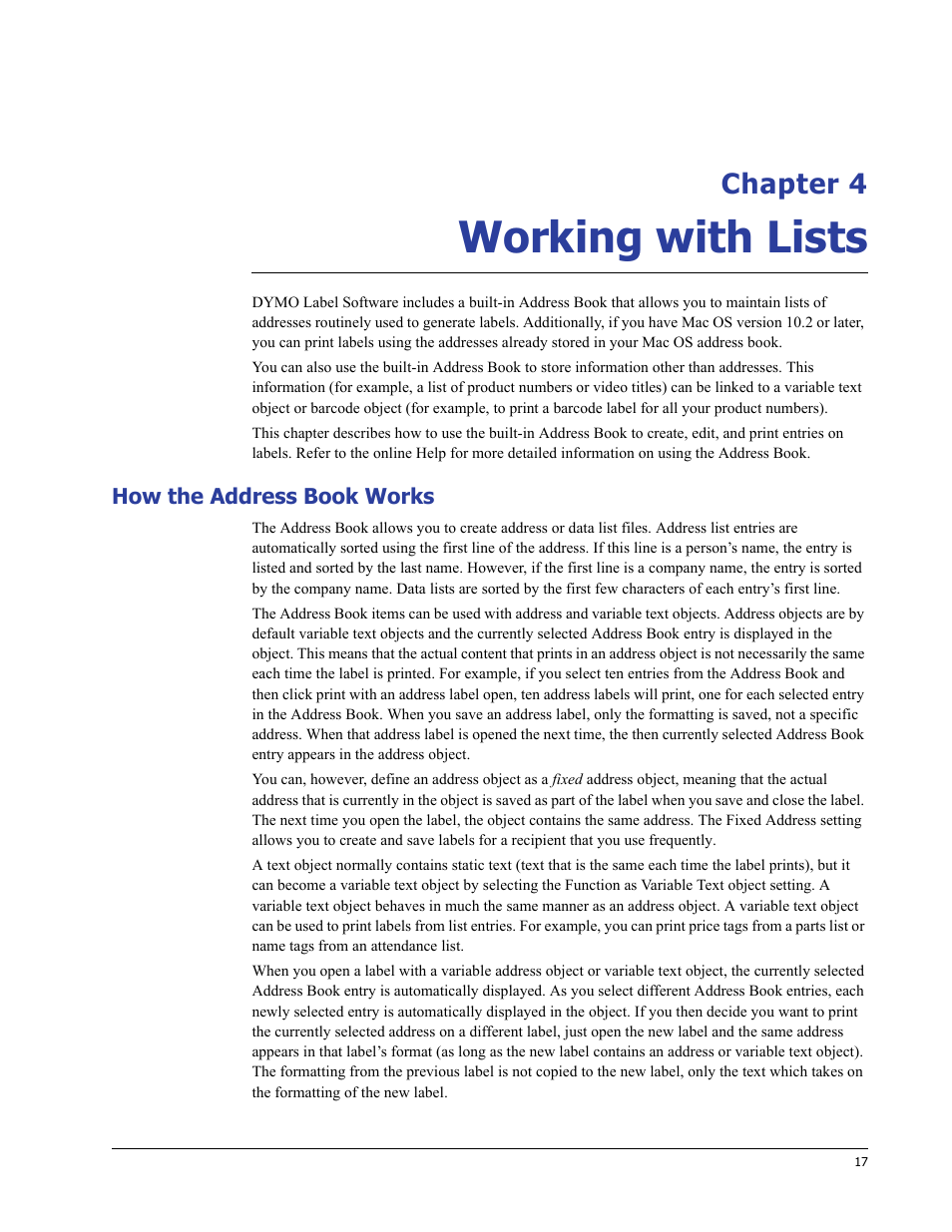 Working with lists, How the address book works, Chapter 4 | Dymo LabelWriter 400/400 Duo/400 Turbo/400 Twin Turbo User Manual | Page 21 / 64