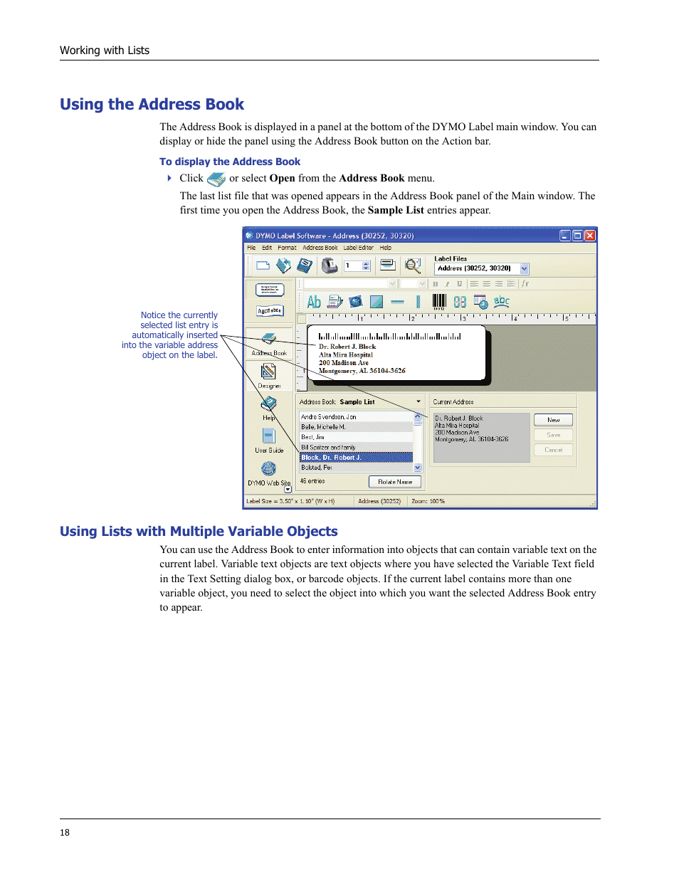 Using the address book, Using lists with multiple variable objects | Dymo LabelWriter 400/400 Duo/400 Turbo/400 Twin Turbo User Manual | Page 22 / 64