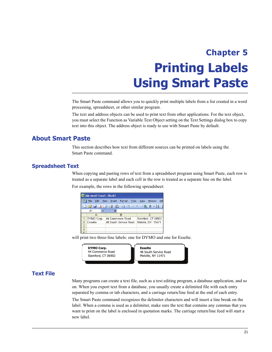 Printing labels using smart paste, About smart paste, Spreadsheet text | Text file, Chapter 5, Printing labels using, Smart paste | Dymo LabelWriter 400/400 Duo/400 Turbo/400 Twin Turbo User Manual | Page 25 / 64