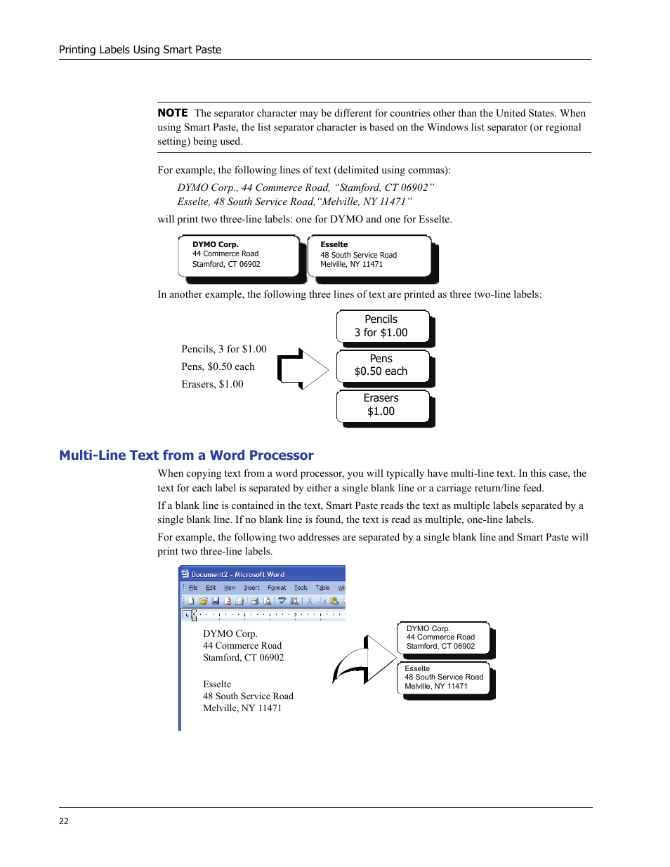 Multi-line text from a word processor | Dymo LabelWriter 400/400 Duo/400 Turbo/400 Twin Turbo User Manual | Page 26 / 64