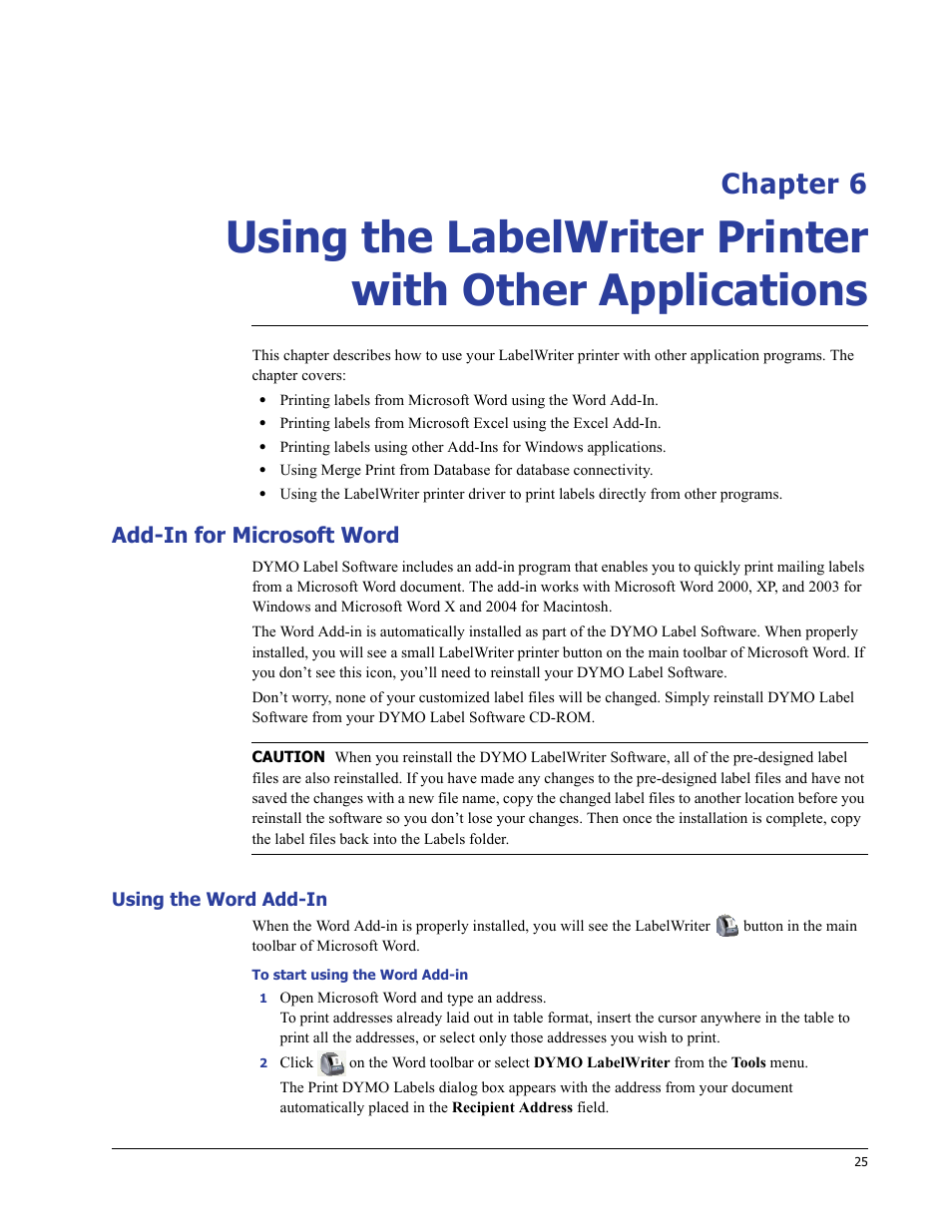 Add-in for microsoft word, Using the word add-in, Chapter 6 | Using the labelwriter, Printer with other, Applications | Dymo LabelWriter 400/400 Duo/400 Turbo/400 Twin Turbo User Manual | Page 29 / 64