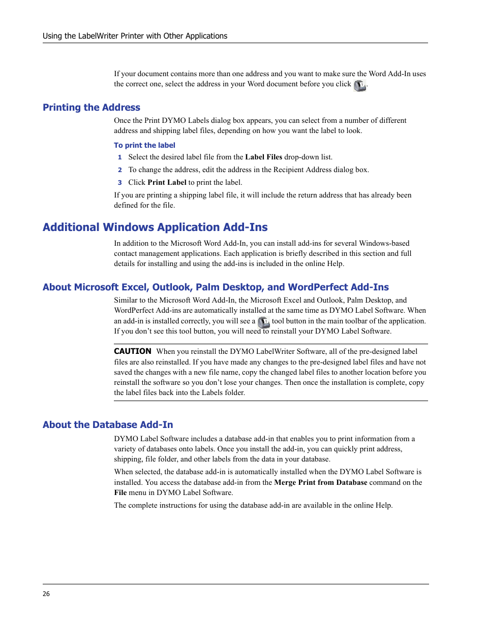Printing the address, Additional windows application add-ins, About the database add-in | Dymo LabelWriter 400/400 Duo/400 Turbo/400 Twin Turbo User Manual | Page 30 / 64