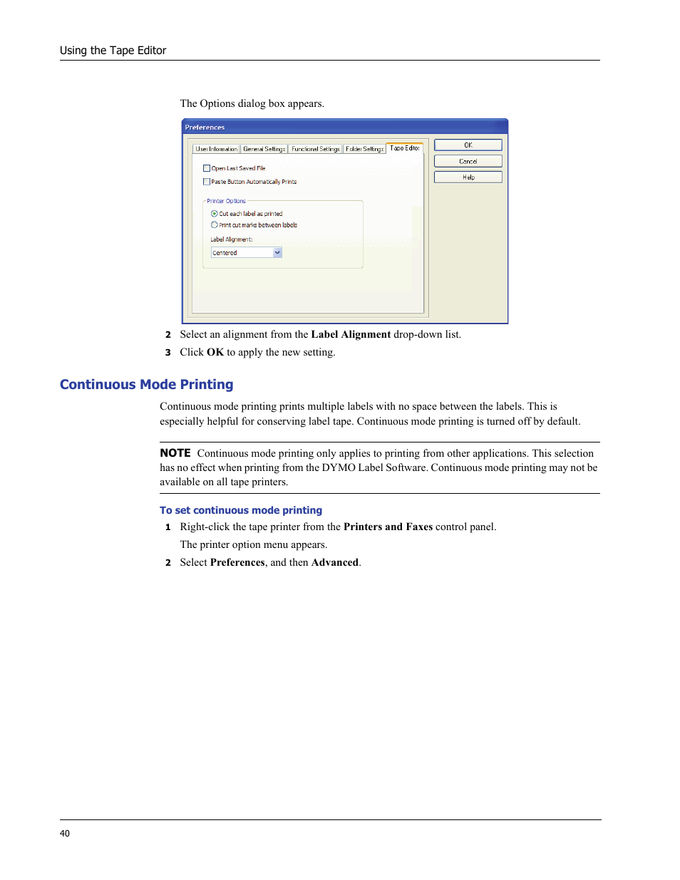 Continuous mode printing | Dymo LabelWriter 400/400 Duo/400 Turbo/400 Twin Turbo User Manual | Page 44 / 64