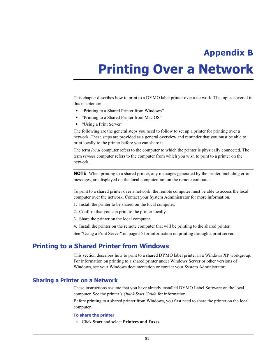 Printing over a network, Printing to a shared printer from windows, Sharing a printer on a network | Appendix b, Printing over a, Network | Dymo LabelWriter 400/400 Duo/400 Turbo/400 Twin Turbo User Manual | Page 55 / 64