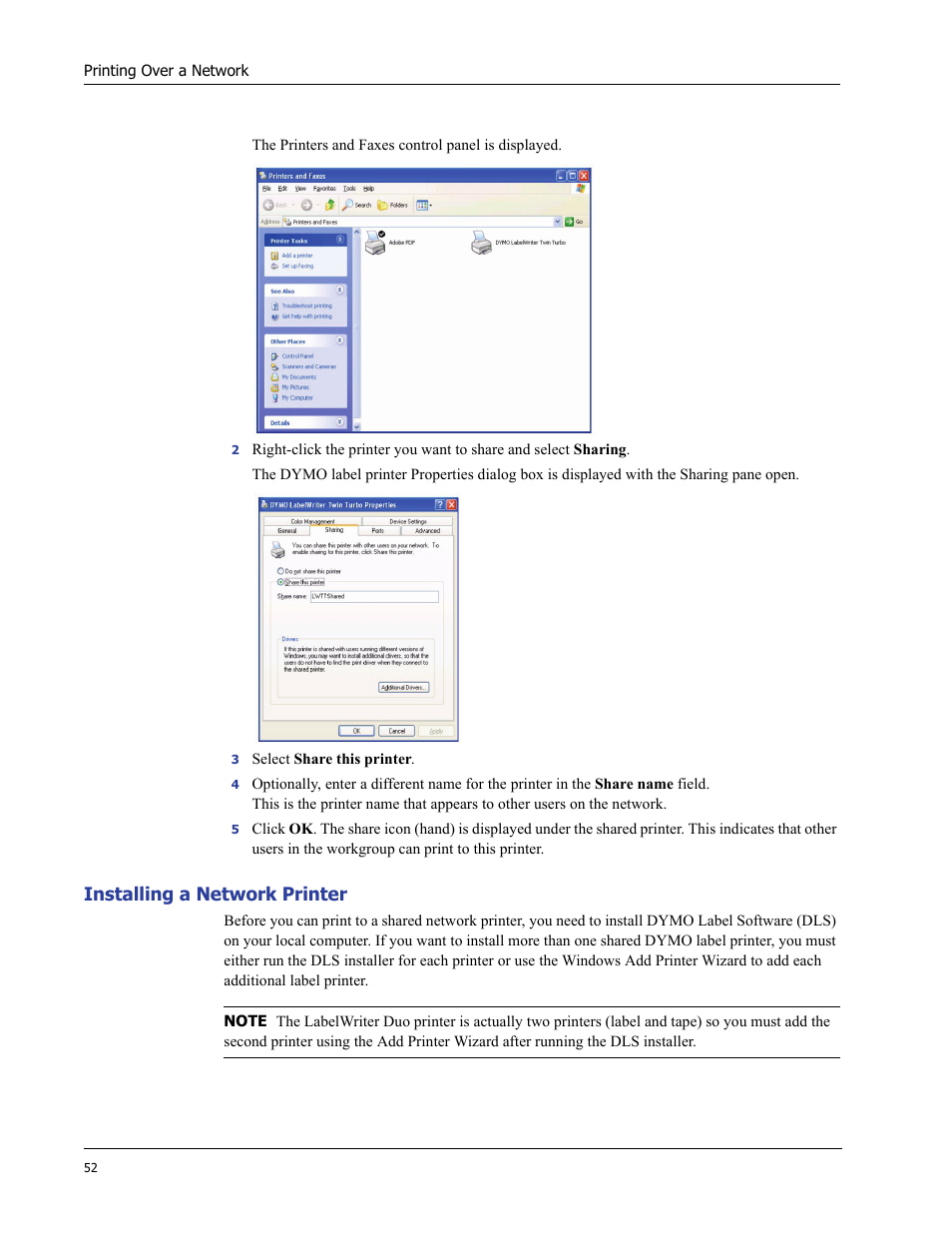 Installing a network printer | Dymo LabelWriter 400/400 Duo/400 Turbo/400 Twin Turbo User Manual | Page 56 / 64