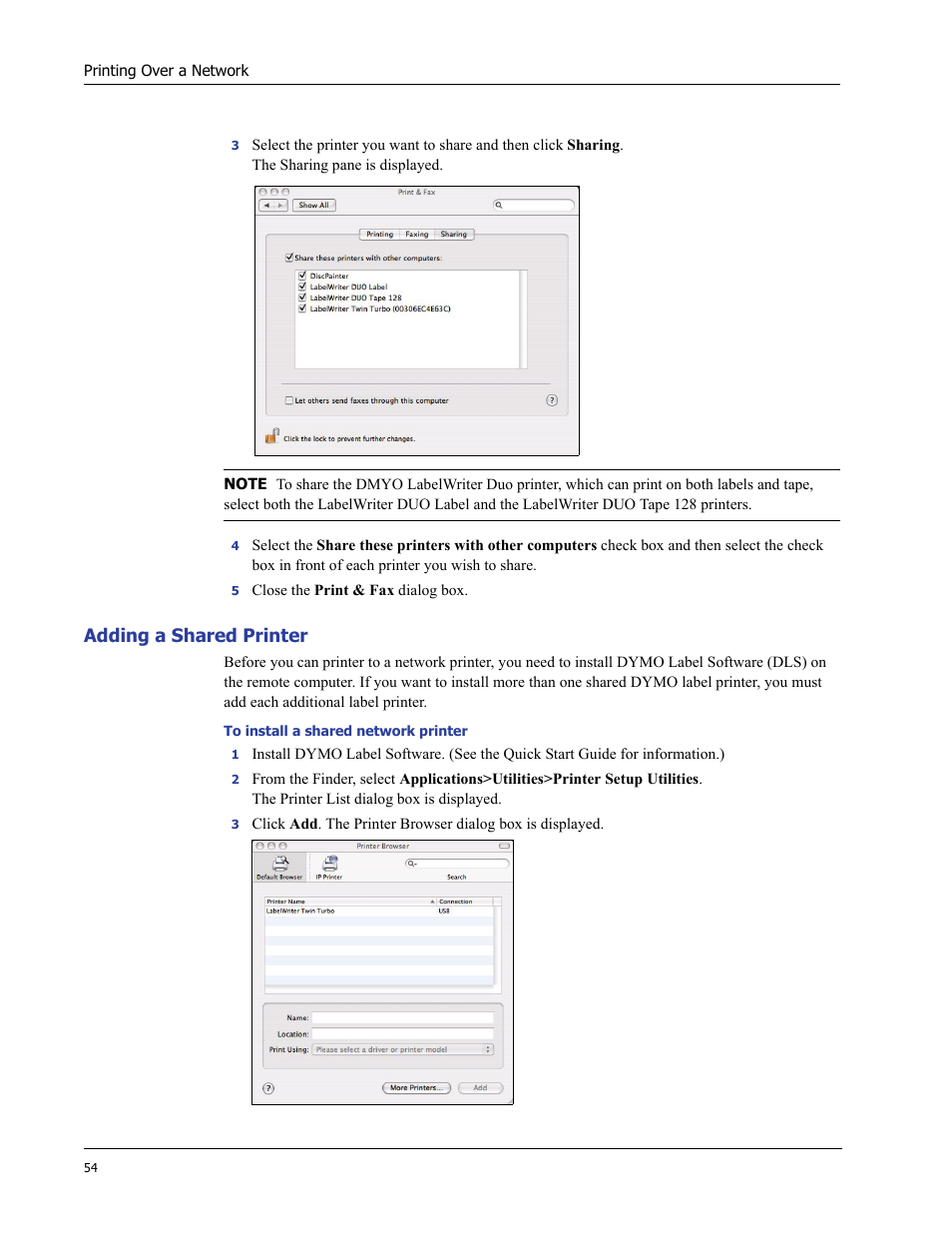 Adding a shared printer | Dymo LabelWriter 400/400 Duo/400 Turbo/400 Twin Turbo User Manual | Page 58 / 64