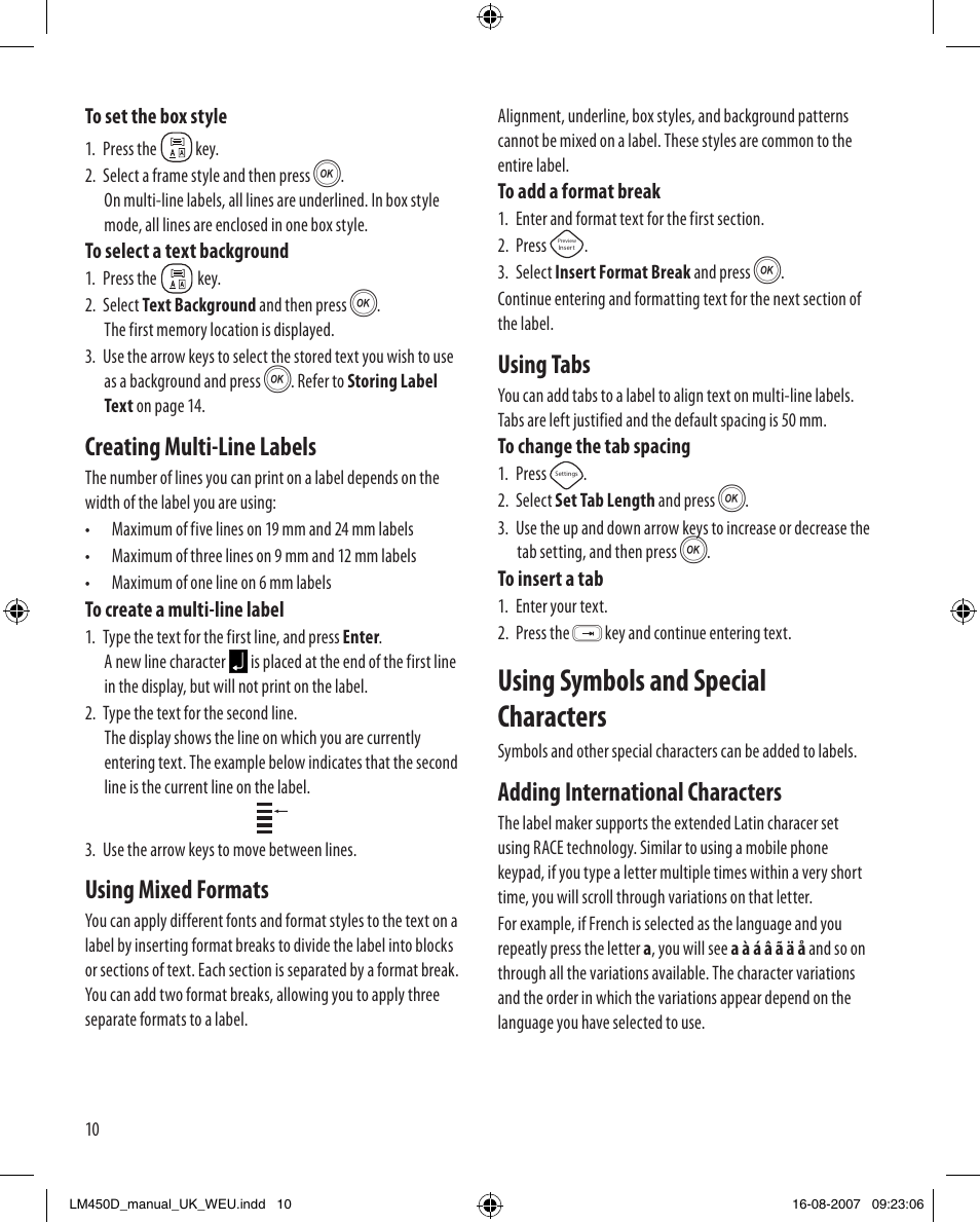 Using symbols and special characters, Using tabs, Adding international characters | Creating multi-line labels, Using mixed formats | Dymo LabelManager 450D User Manual User Manual | Page 10 / 20