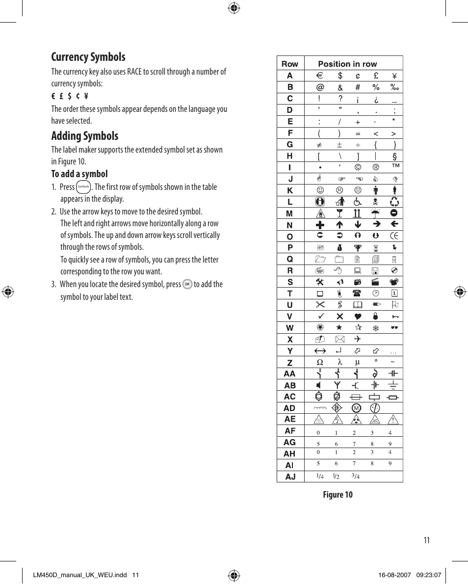 Currency symbols, Adding symbols | Dymo LabelManager 450D User Manual User Manual | Page 11 / 20