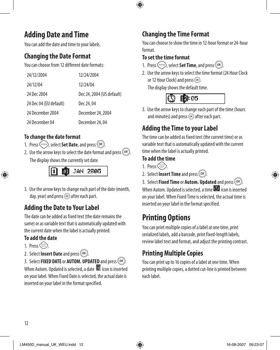 Adding date and time, Printing options, Changing the date format | Adding the date to your label, Changing the time format, Adding the time to your label, Printing multiple copies | Dymo LabelManager 450D User Manual User Manual | Page 12 / 20