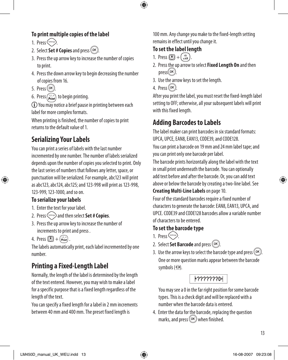 Serializing your labels, Printing a fixed-length label, Adding barcodes to labels | Dymo LabelManager 450D User Manual User Manual | Page 13 / 20