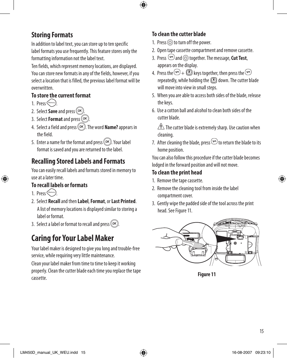 Caring for your label maker, Storing formats, Recalling stored labels and formats | Dymo LabelManager 450D User Manual User Manual | Page 15 / 20