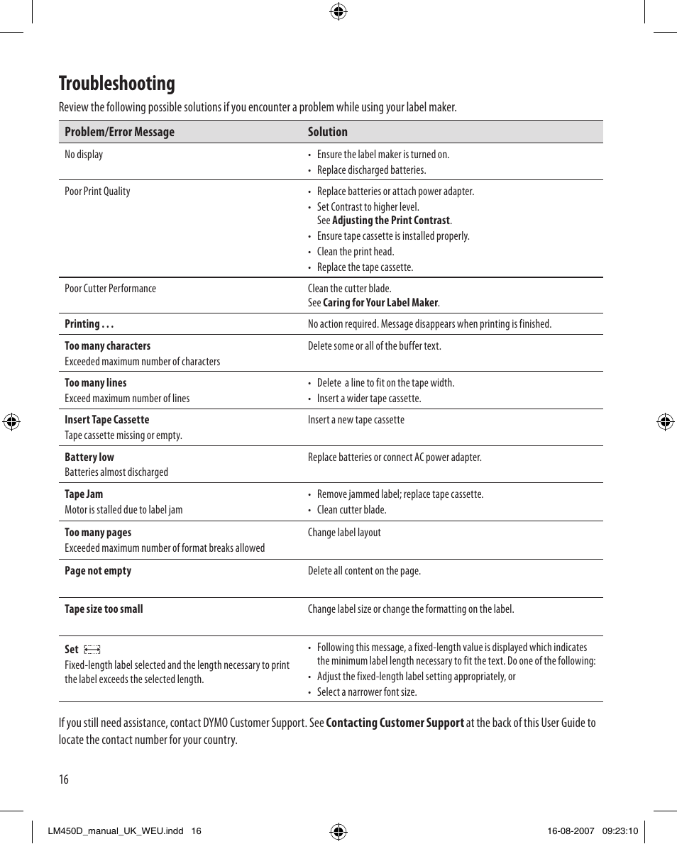 Troubleshooting | Dymo LabelManager 450D User Manual User Manual | Page 16 / 20