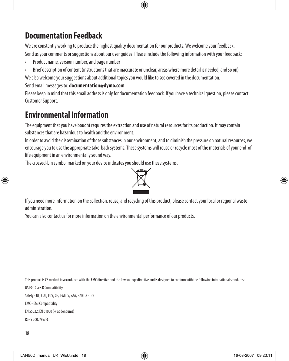 Documentation feedback, Environmental information | Dymo LabelManager 450D User Manual User Manual | Page 18 / 20