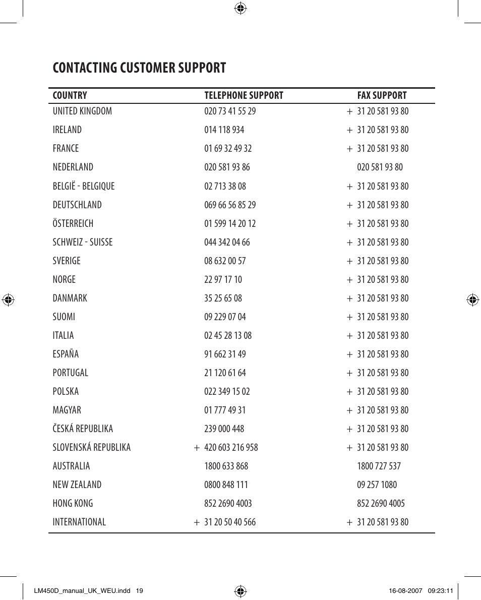 Contacting customer support | Dymo LabelManager 450D User Manual User Manual | Page 19 / 20