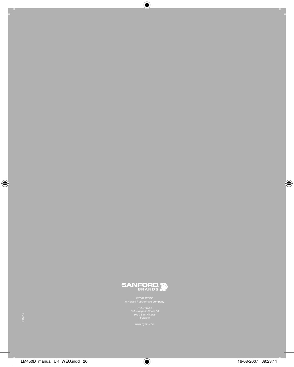 Dymo LabelManager 450D User Manual User Manual | Page 20 / 20