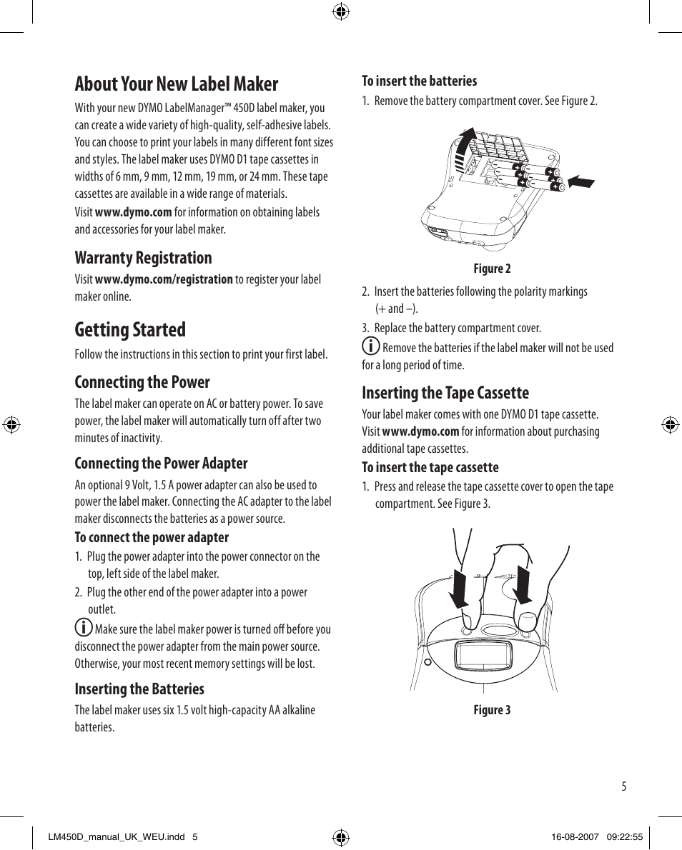 About your new label maker, Getting started, Warranty registration | Connecting the power, Inserting the tape cassette | Dymo LabelManager 450D User Manual User Manual | Page 5 / 20