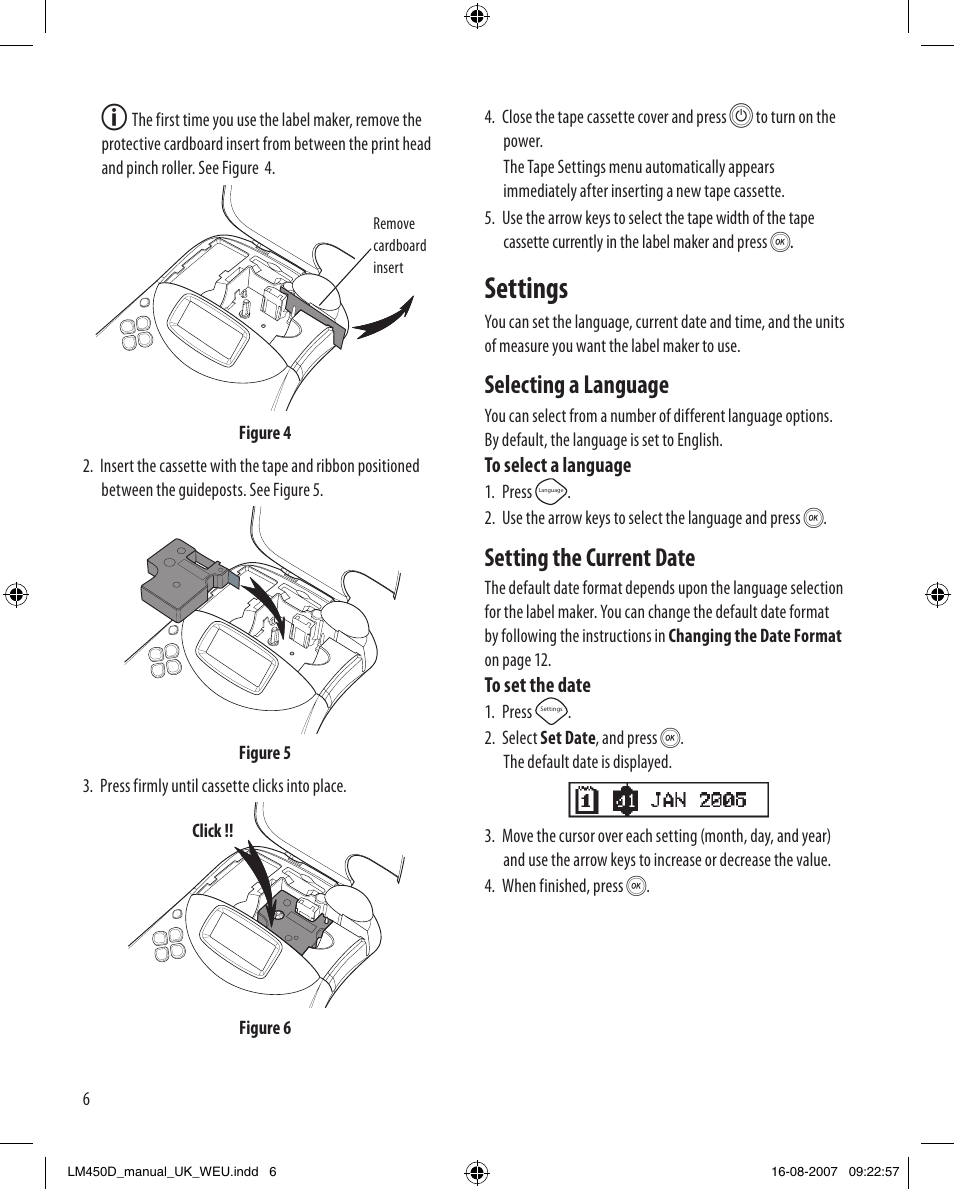 Settings, Selecting a language, Setting the current date | Dymo LabelManager 450D User Manual User Manual | Page 6 / 20