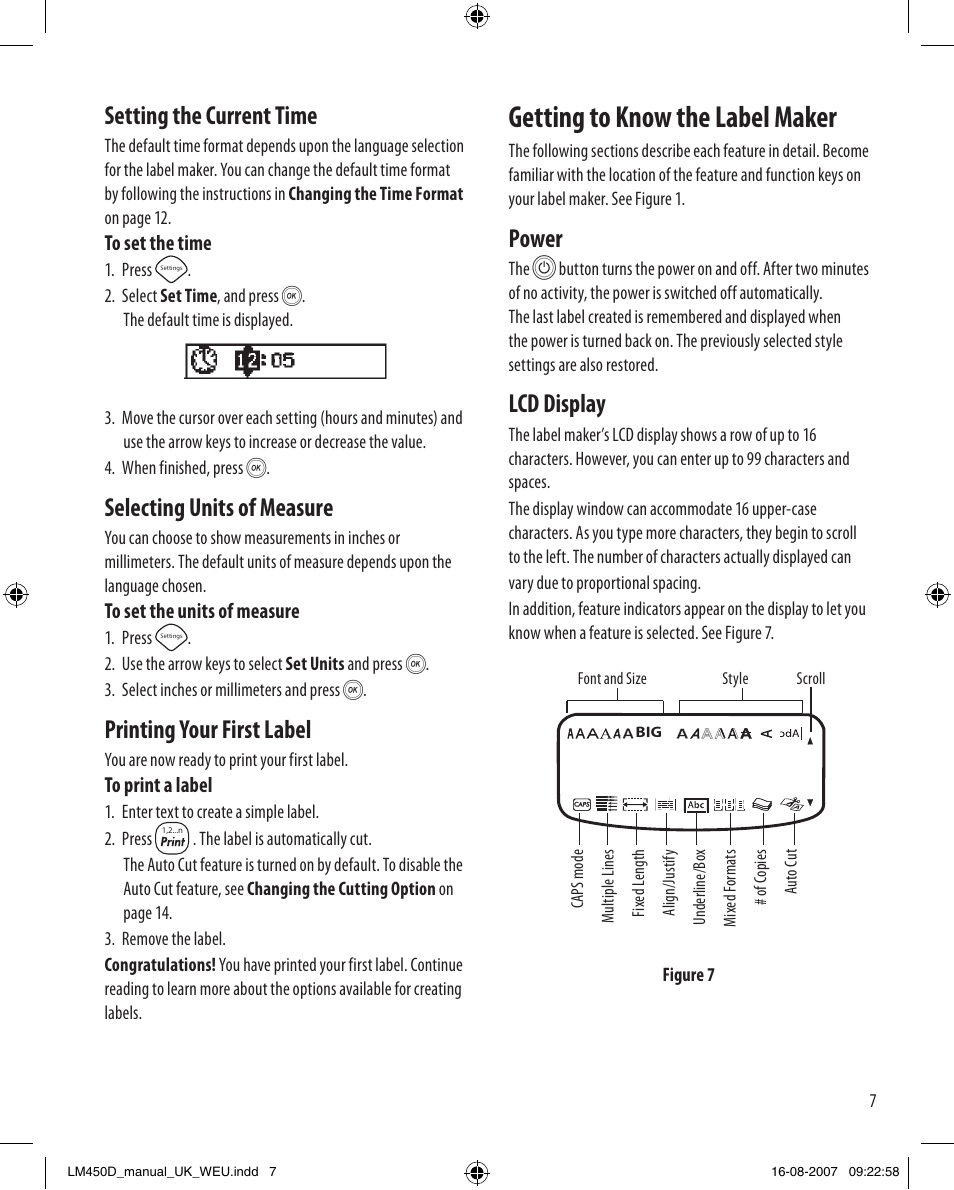 Getting to know the label maker, Power, Lcd display | Setting the current time, Selecting units of measure, Printing your first label | Dymo LabelManager 450D User Manual User Manual | Page 7 / 20