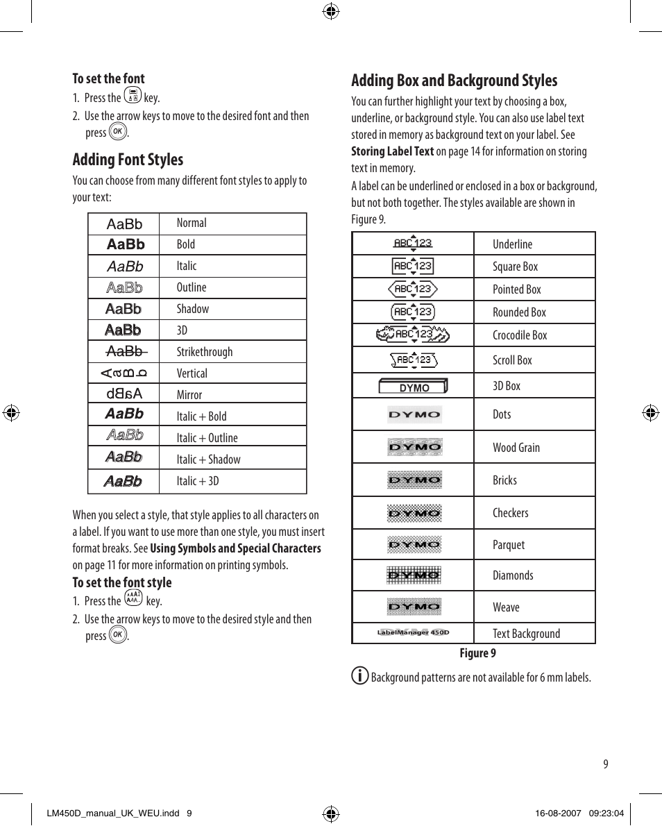 Adding font styles, Adding box and background styles | Dymo LabelManager 450D User Manual User Manual | Page 9 / 20