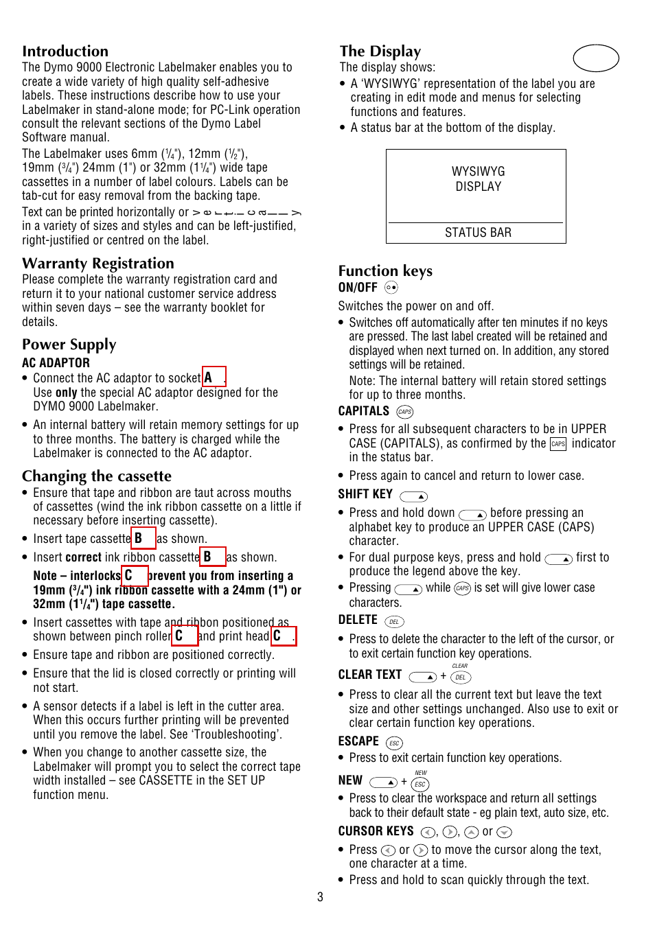 Introduction, Warranty registration, Power supply | Changing the cassette, The display, Function keys | Dymo LabelManager 9000 User Manual | Page 2 / 6