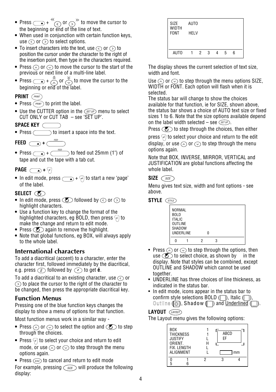 International characters, Function menus | Dymo LabelManager 9000 User Manual | Page 3 / 6