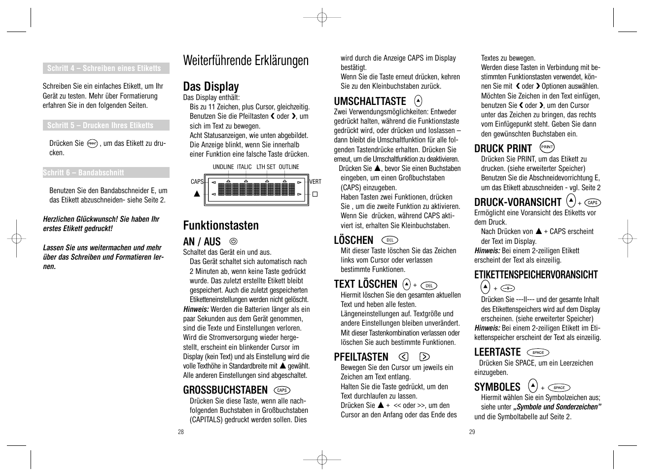Weiterführende erklärungen, Das display, Funktionstasten | Dymo LabelPoint 100 User Manual | Page 15 / 18