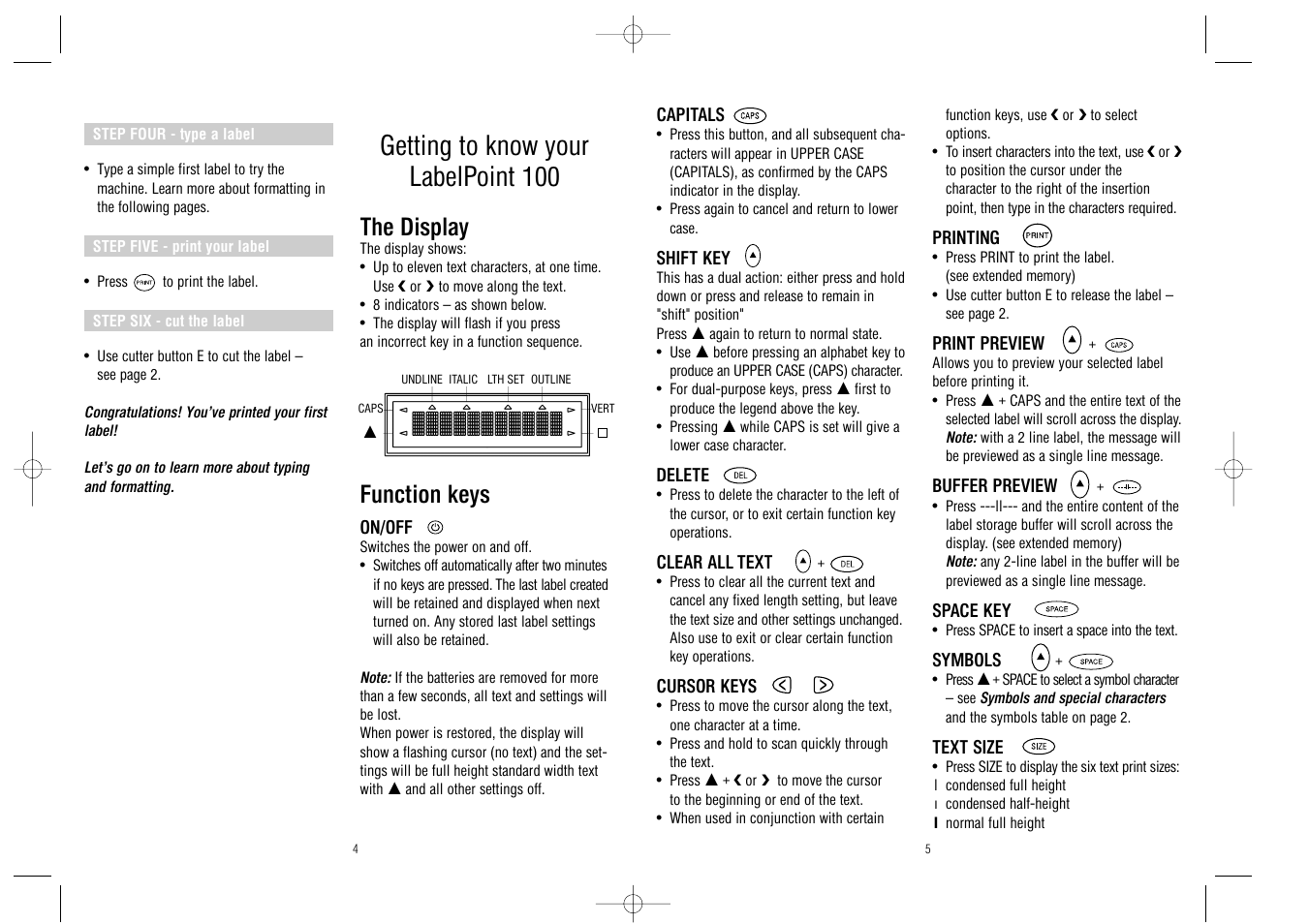 Getting to know your labelpoint 100, The display, Function keys | Dymo LabelPoint 100 User Manual | Page 3 / 18