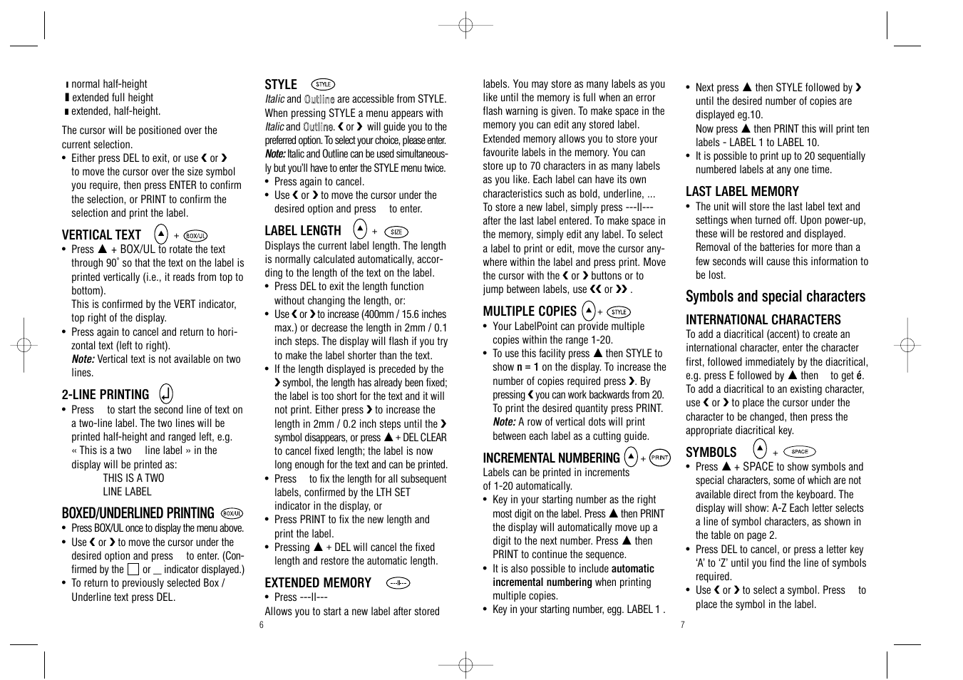 Symbols and special characters, Boxed/underlined printing | Dymo LabelPoint 100 User Manual | Page 4 / 18