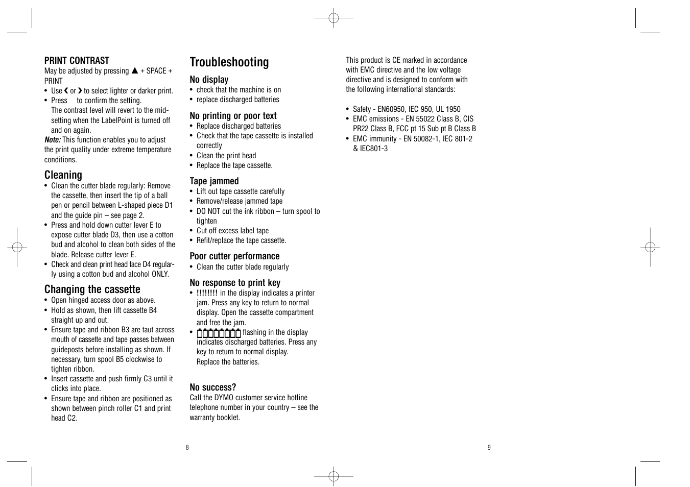 Troubleshooting, Cleaning, Changing the cassette | Dymo LabelPoint 100 User Manual | Page 5 / 18