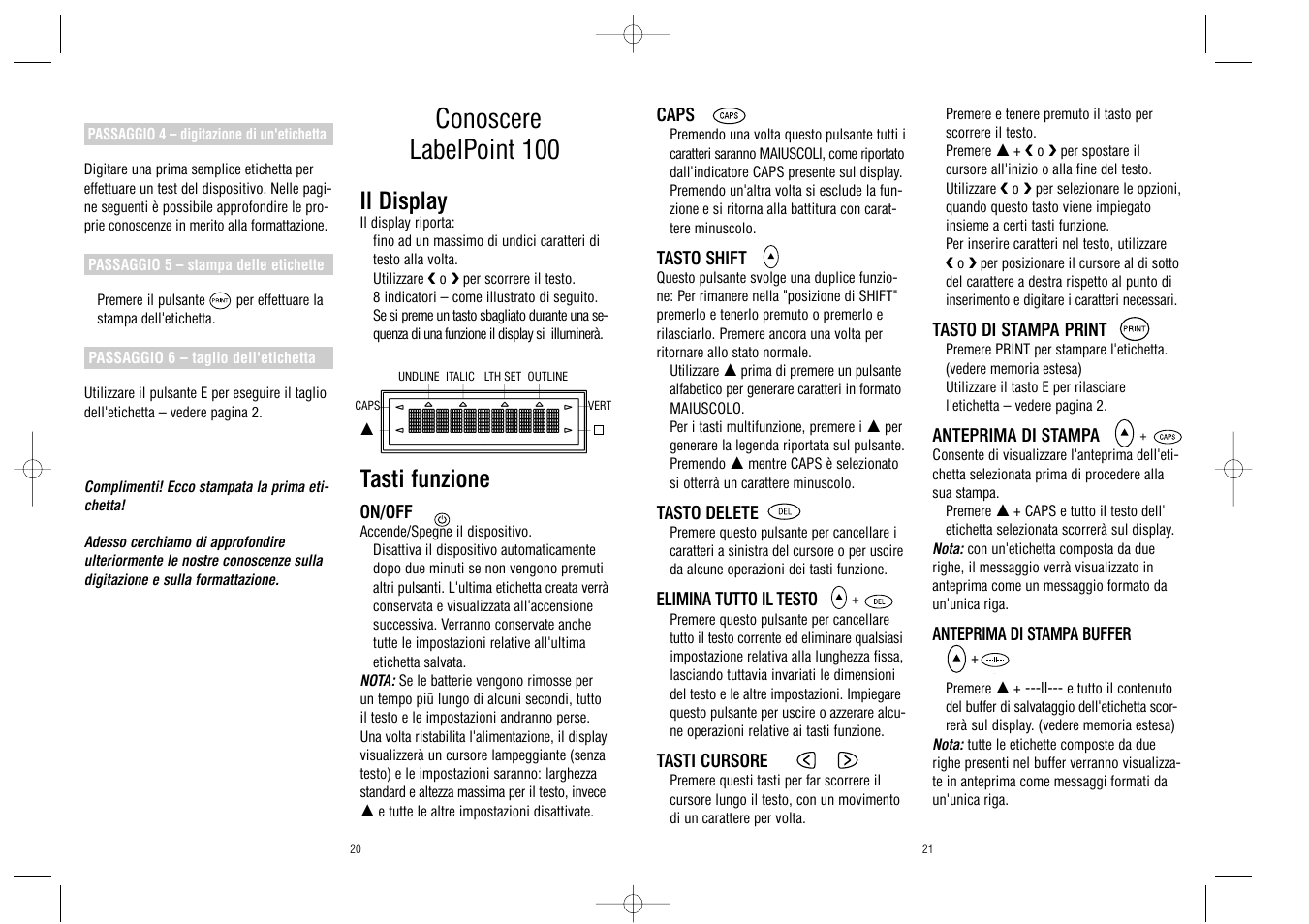Conoscere labelpoint 100, Il display, Tasti funzione | Dymo LabelPoint 100 User Manual | Page 11 / 26