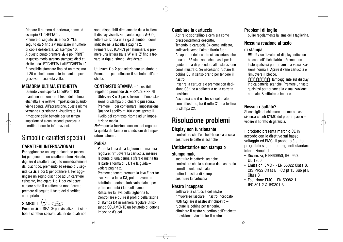 Risoluzione problemi, Simboli e caratteri speciali | Dymo LabelPoint 100 User Manual | Page 13 / 26