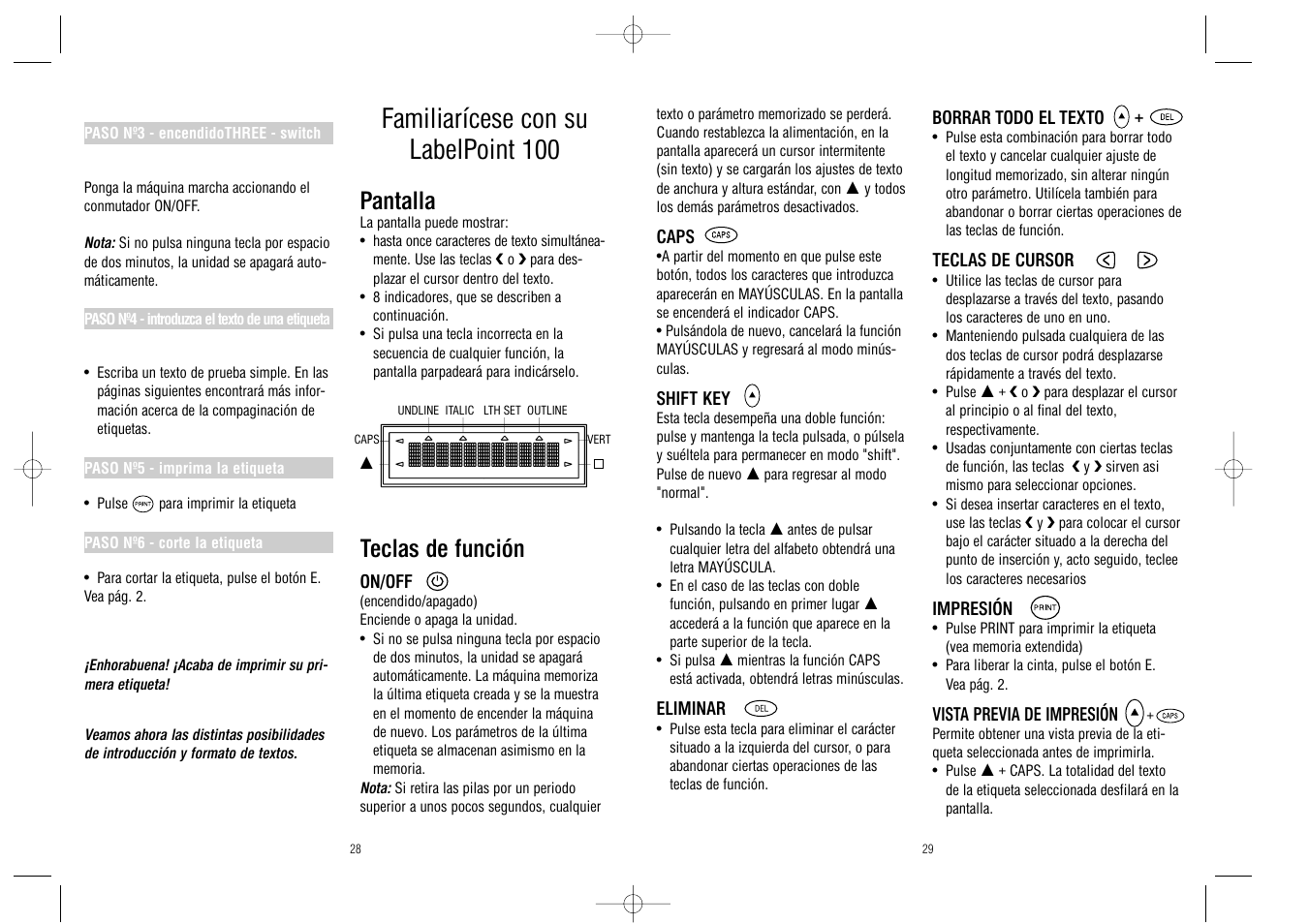 Familiarícese con su labelpoint 100, Pantalla, Teclas de función | Dymo LabelPoint 100 User Manual | Page 15 / 26